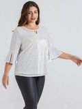 Hanna Nikole Plus Size Bell Sleeve V Neck Blouse Silver White Size 16Plus by Deal US