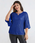 Hanna Nikole Sequin Ruffle Long Sleeve Wrap Blouse Blue Size 16Plus by Deal US