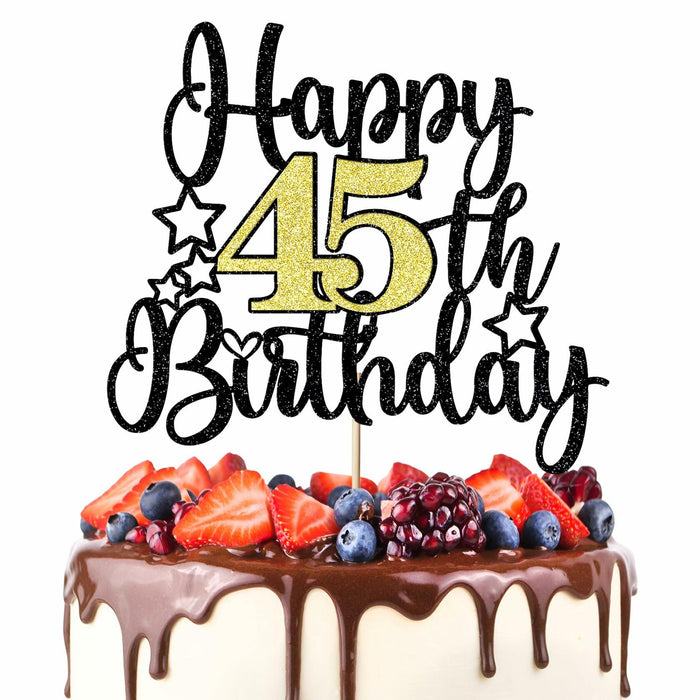 Happy 45th Birthday Cake Topper Black Gold Glitter Cheers to 45 Years by Deal US