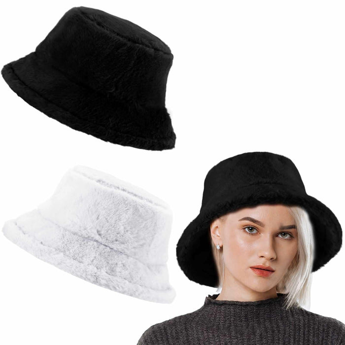 Cozypower 2 Pcs XXL Winter Faux Fur Bucket Hat Unisex Black White by Deal US