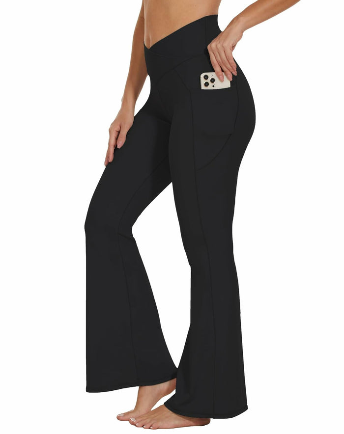 Flare Crossover Leggings with Pockets High Waisted Yoga Pants Black XS by Deal US