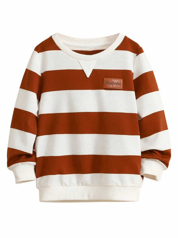 Verdusa Boy's Stripe Print Letter Patchwork Pullover Sweatshirt Brown Size 7Y by Deal US