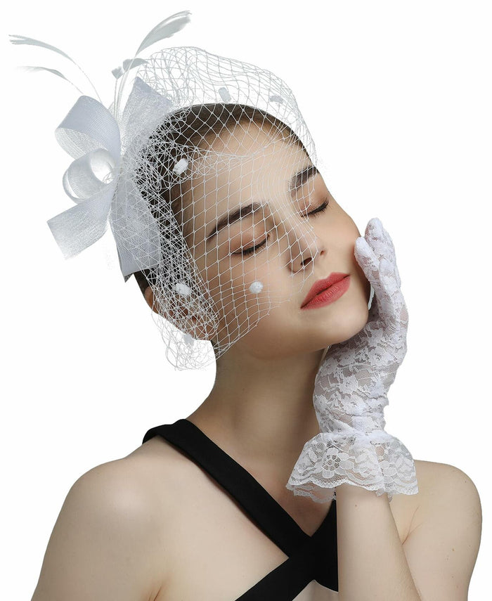 Kidukso Fascinators Hat Vintage 1930s Derby Mesh Veil Feathers White by Deal US