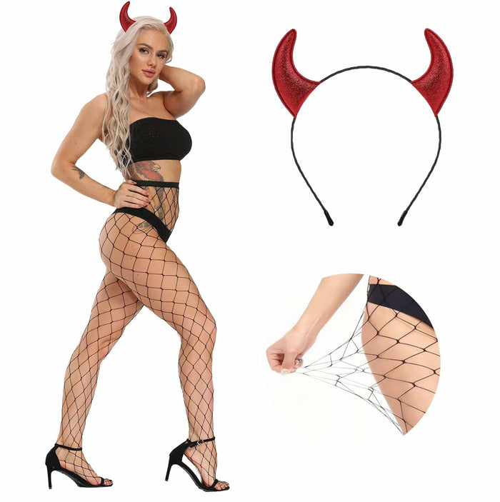 Voiiake Red Devil Horns Headband & Fishnet Thigh High Stockings Set by Deal US