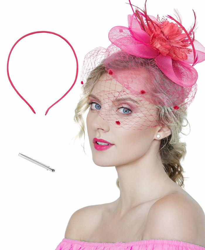 Kidukso Fascinators Hat Vintage 1923s Derby Mesh Veil Feathers Rose Red by Deal US