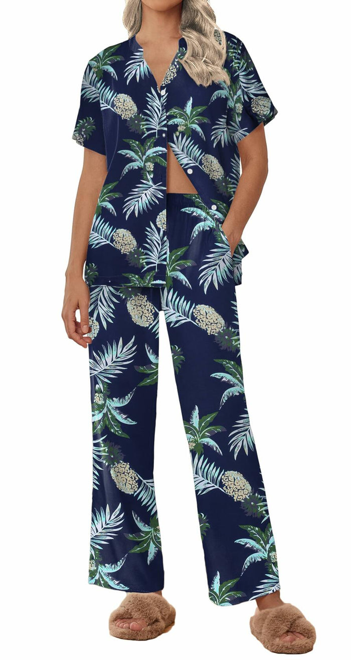 Ekouaer Women Pajamas Set Button Down Short Sleeve Navy Size Small by Deal US