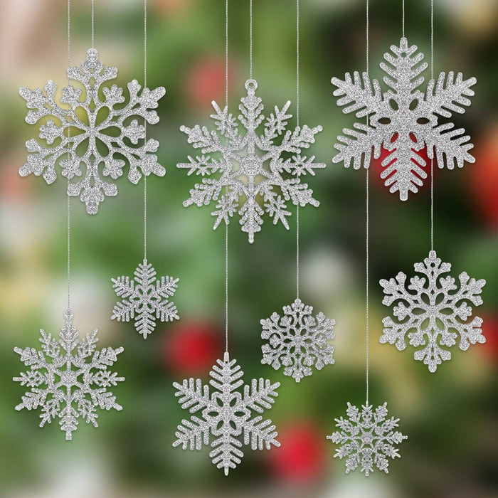 54pcs Silver Snowflake Christmas Tree Ornaments Glitter Indoor Decor by Deal US