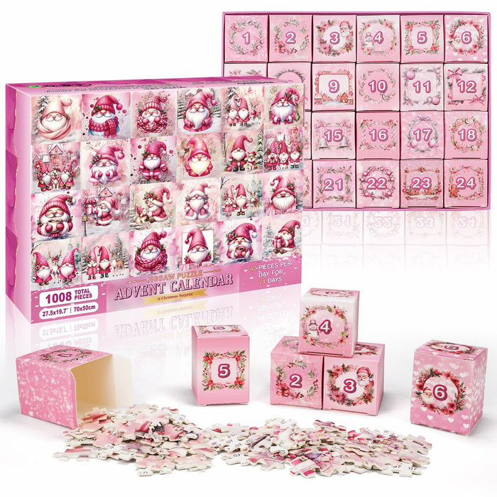 1008 Pc Pink Gnome Advent Calendar Puzzle 2025 24-Day Countdown by Deal US