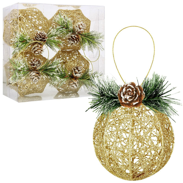 Christmas Ball Ornaments 4pc Set Champagne Pinecone Rattan String Decor by Deal US