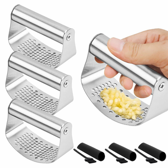 FATUXZ 3-Piece Stainless Steel Garlic Press Set with Silicone Peeler by Deal US