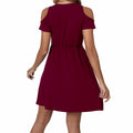 Women's Cold Shoulder Dress Deep V-Neck Knotted Sundress Wine Red by Deal US