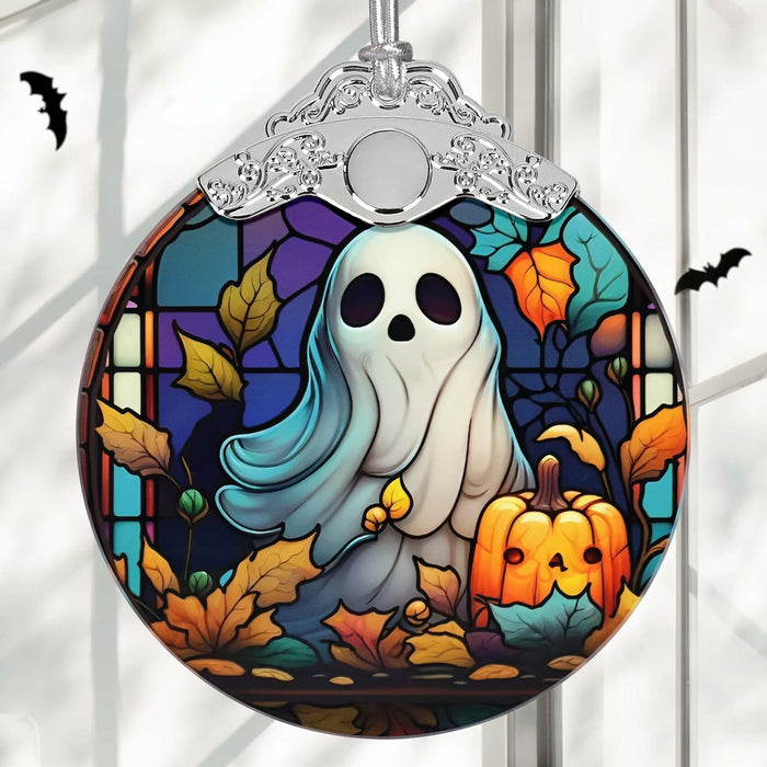 Christmas Ornament Stained Glass Ghost with Pumpkin Holiday Decoration by Deal US