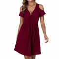 Women's Cold Shoulder Dress Deep V-Neck Knotted Sundress Wine Red by Deal US