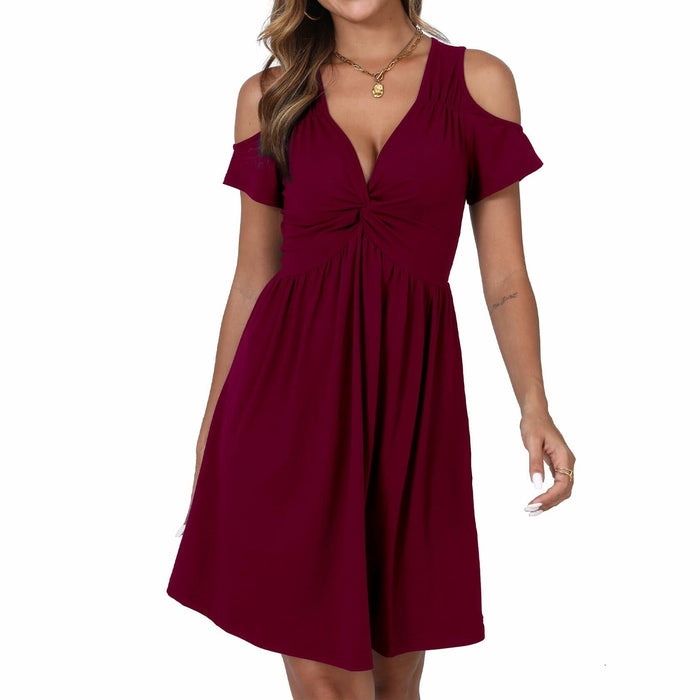 Women's Cold Shoulder Dress Deep V-Neck Knotted Sundress Wine Red by Deal US
