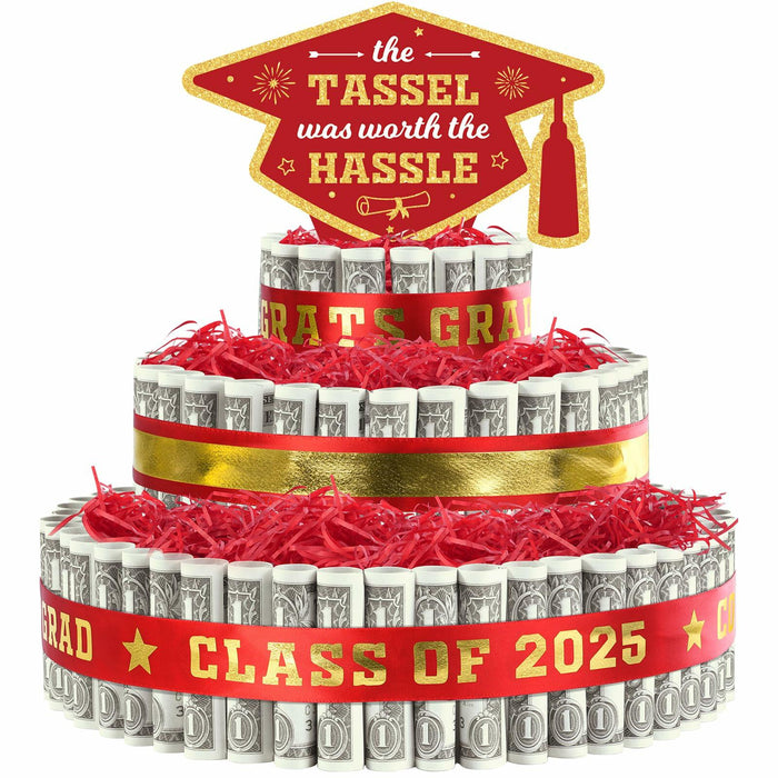2025 Graduation 3 Tier Red Gold Grad Cap Cake Cash Gift Party Supplies by Deal US