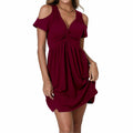 Women's Cold Shoulder Dress Deep V-Neck Knotted Sundress Wine Red by Deal US