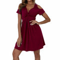 Women's Cold Shoulder Dress Deep V-Neck Knotted Sundress Wine Red by Deal US