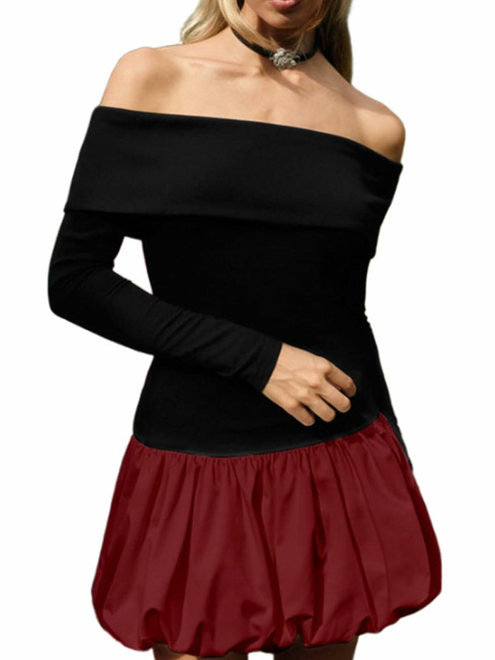 GEMEIQ Women's Sexy Off Shoulder Long Sleeve Party Mini Dress Wine Red Size M by Deal US
