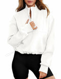 Womens Half Zip Pullover Sweatshirt White Fleece Crop Top with Pocket Size XL by Deal US
