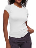 Women's Casual Crop Top T Shirt White Size L Summer Short Sleeve Crewneck by Deal US