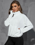 Womens Half Zip Pullover Sweatshirt White Fleece Crop Top with Pocket Size XL by Deal US