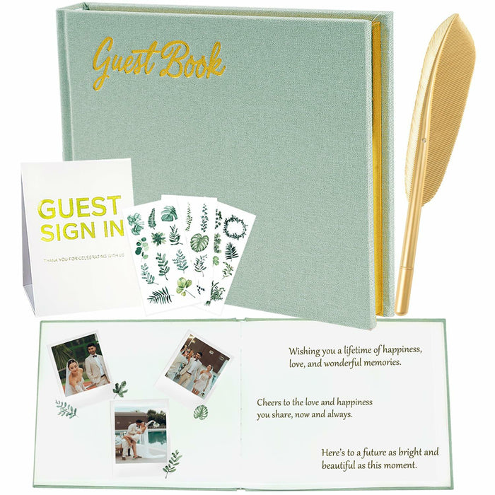 4 in 1 Wedding Guest Book Linen Cover with Pen, Sign Card & Stickers White by Deal US