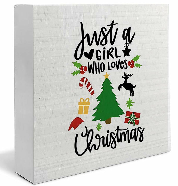 Absnfatu Christmas Wooden Box Sign Just a Girl Who Loves Christmas 5x5 Inch by Deal US
