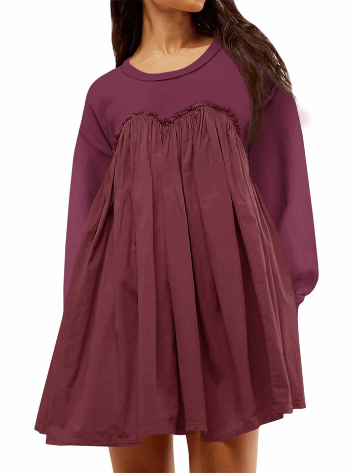 Wenrine Womens Long Sleeve Sweatshirt Dress Patchwork Wine Red, Large by Deal US