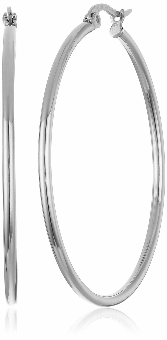 Amazon Essentials Stainless Steel Rounded Tube Hoop Earrings 40mm Silver by Deal US
