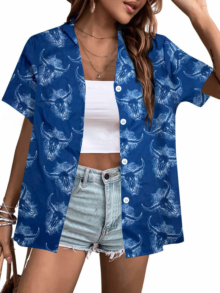 Cow Skull Shirt Women Vintage Western Boho Graphic Tee Short Sleeve Blue M by Deal US