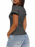 Darong Women Summer Striped Ribbed Knit Scoop Neck Tee Black White Size XS by Deal US