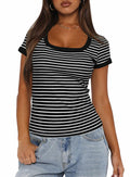 Darong Women Summer Striped Ribbed Knit Scoop Neck Tee Black White Size XS by Deal US