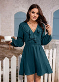 Women Autumn A Line V Neck Long Sleeve Textured Waistband Dress Royal Size M by Deal US