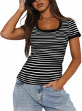 Darong Women Summer Striped Ribbed Knit Scoop Neck Tee Black White Size XS by Deal US