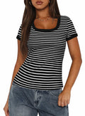 Darong Women Summer Striped Ribbed Knit Scoop Neck Tee Black White Size XS by Deal US