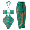 Hawaiian One Piece Swimsuit & Cover Up Wrap Skirt Set Halter Green Size L by Deal US