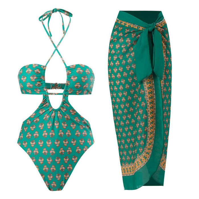 Hawaiian One Piece Swimsuit & Cover Up Wrap Skirt Set Halter Green Size L by Deal US