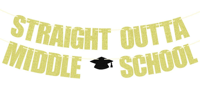 Straight Outta Middle School Banner Glittery Congrats Grad Gold Black by Deal US