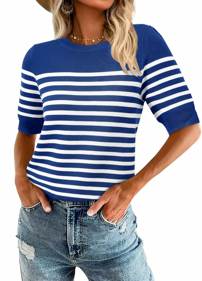 Amkoyam Women's Striped Ribbed Knit Pullover Sweater Top Dark Blue Size Small by Deal US