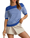 Amkoyam Women's Striped Ribbed Knit Pullover Sweater Top Dark Blue Size Small by Deal US