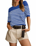 Amkoyam Women's Striped Ribbed Knit Pullover Sweater Top Dark Blue Size Small by Deal US