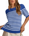 Amkoyam Women's Striped Ribbed Knit Pullover Sweater Top Dark Blue Size Small by Deal US