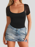 CRIPOM Black Mesh Square Neck Bodysuit Women Size XL by Deal US