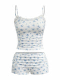 RoseSeek Women's Floral Print Ruched Lace Cami Crop Top & Shorts Set White Size by Deal US