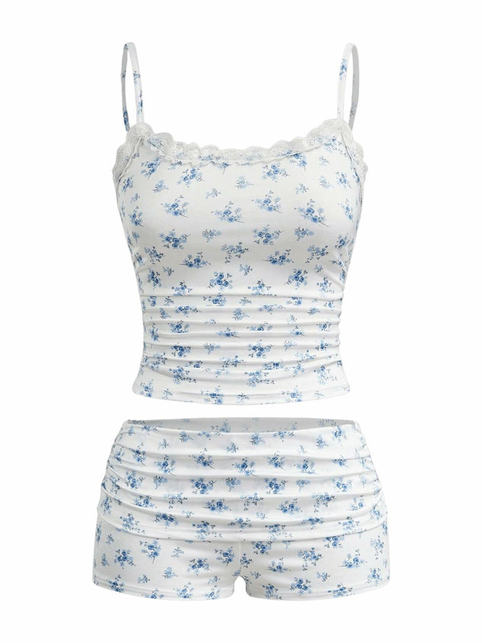 RoseSeek Women's Floral Print Ruched Lace Cami Crop Top & Shorts Set White Size by Deal US