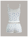 RoseSeek Women's Floral Print Ruched Lace Cami Crop Top & Shorts Set White Size by Deal US