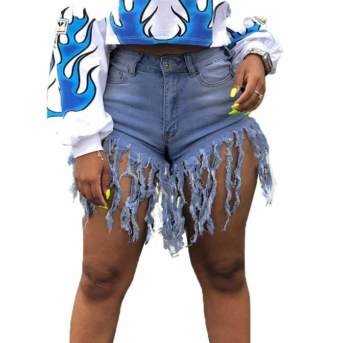 Weigou Women Denim Shorts High Waisted Tassels Frayed Raw Hem Light Blue Size S by Deal US