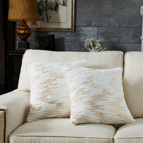 Throw Pillow Covers 18x18in Set of 2 White Fur Gold Embroidered Sequins by Deal US