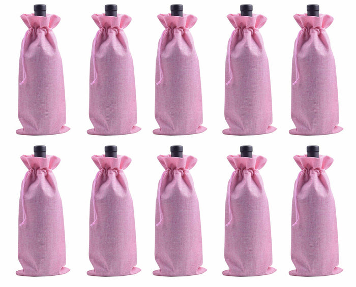 Viamto 10pcs Pink Burlap Wine Bags Drawstring Lining 15x35cm Gift Pouches by Deal US