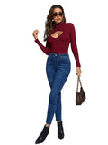 Women's Long Sleeve Turtleneck Cut Out Front Ribbed Knit Tee Shirt Burgundy S by Deal US
